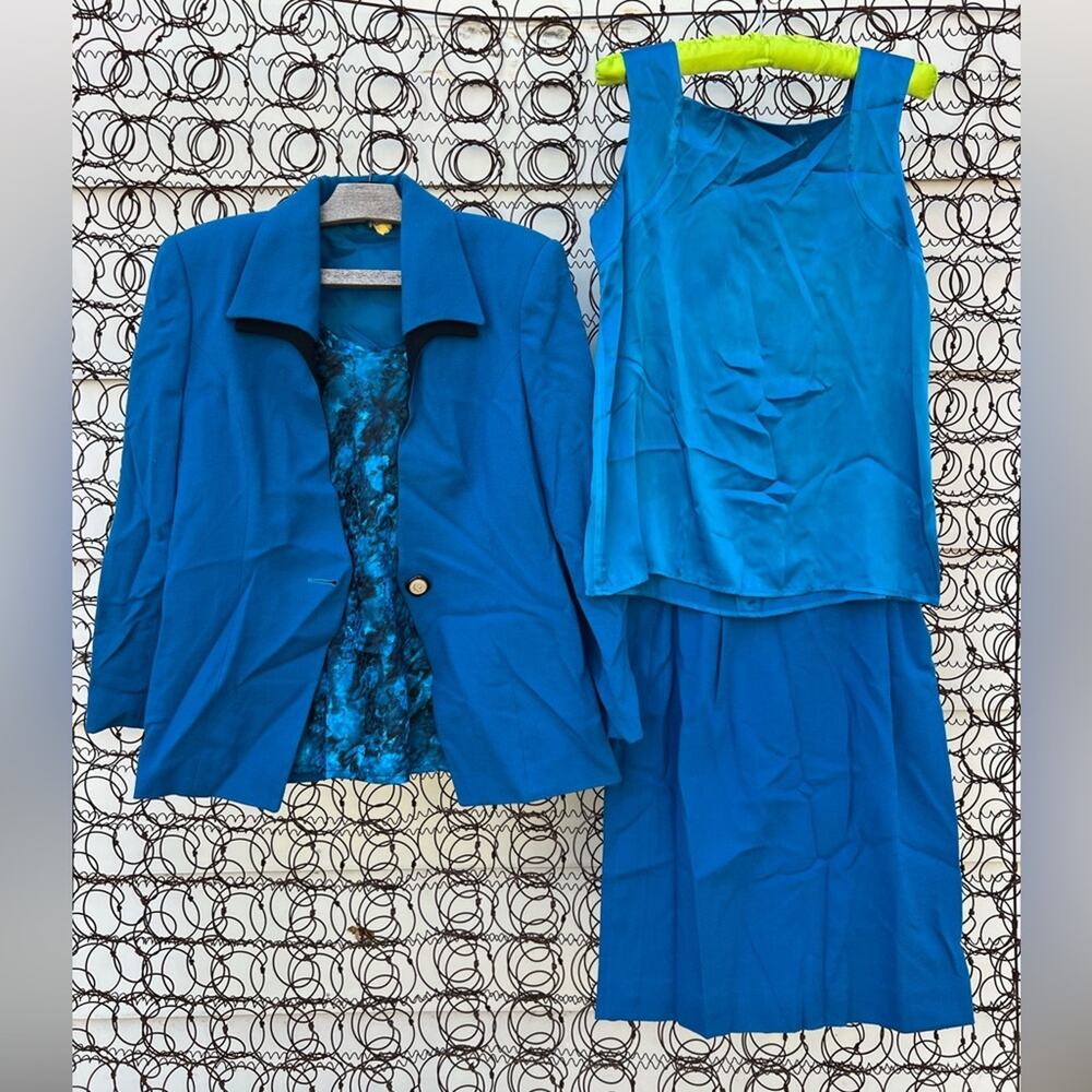 Vintage 80s 90s Mary Kay Blue Black Wool Skirt Blazer Blouse 4 Piece Suit Set 4P